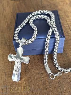  Най-желания стоманен трислоен кръст 6 на 4 см с Исус на стоманена верижка бокс плетка, дълга 60 см, широка 0,7 см, водоустойчив модел  - ML1825